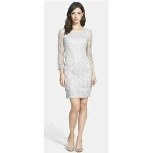 Adrianna Papell Dress Sequin Metallic Icy Lace Overlay Wedding Guest Size 10